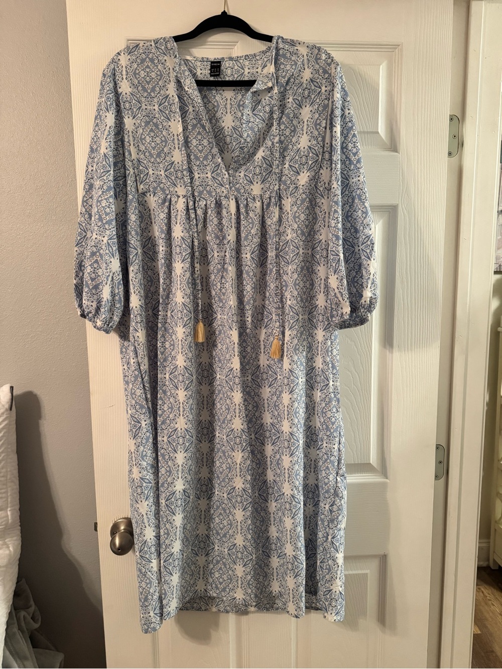Light Blue Patterned Boho Dress with Tassel Ties